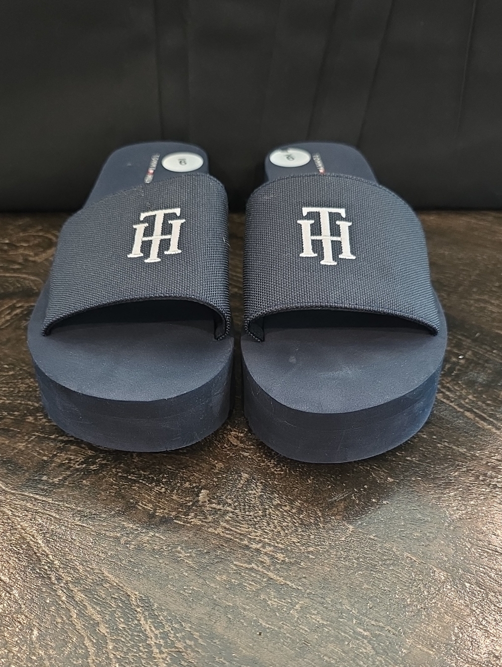 Tommy Hilfiger Navy Slide Sandals with White TH Monogram
